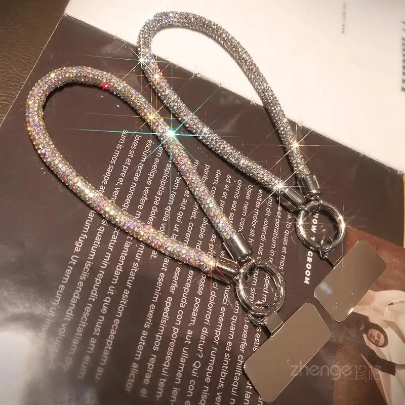 1pc Short Full Diamond Mobile Phone Lanyard Women's Small Fragrant Wind Short Wrist Case Universal Anyard Metal Clip Lanyard
