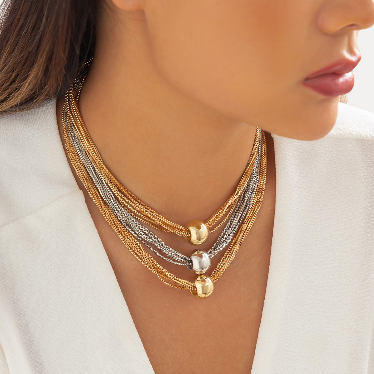 Cross-Border Exaggerated Punk Multi-Layer Chain Stacked Necklace Simple Niche Geometric Ball Personality Choker Necklace
