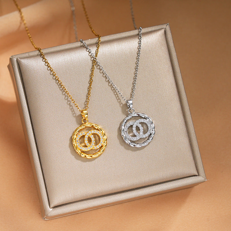 Elegant Inlaid Zircon Exquisite Titanium Steel Necklace for Women Fashionable Versatile Internet Celebrity Collarbone Chain Niche Light Luxury Jewelry