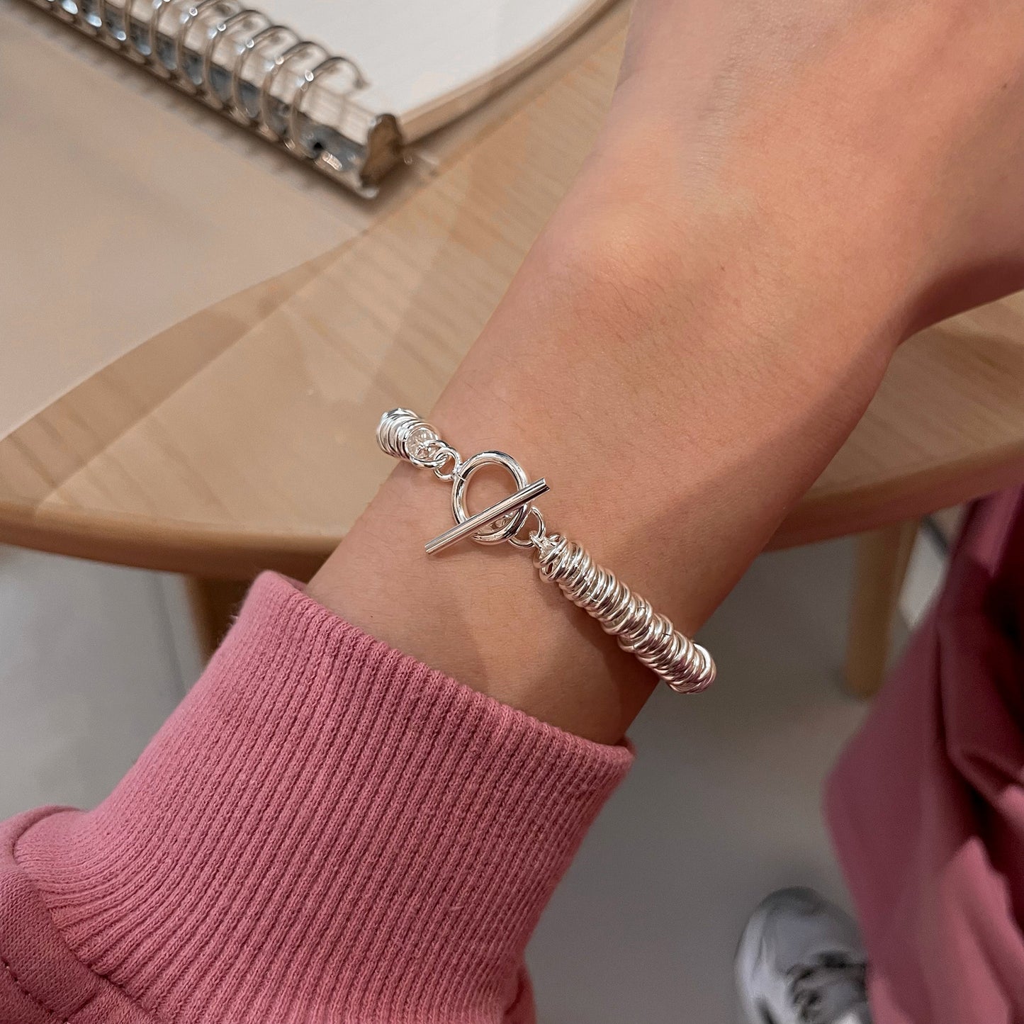 S925 Sterling Silver Heavy Craft Plain Silver Large Circle Bracelet Fashionable Elegant Personality OT Buckle Thick Chain Bracelet