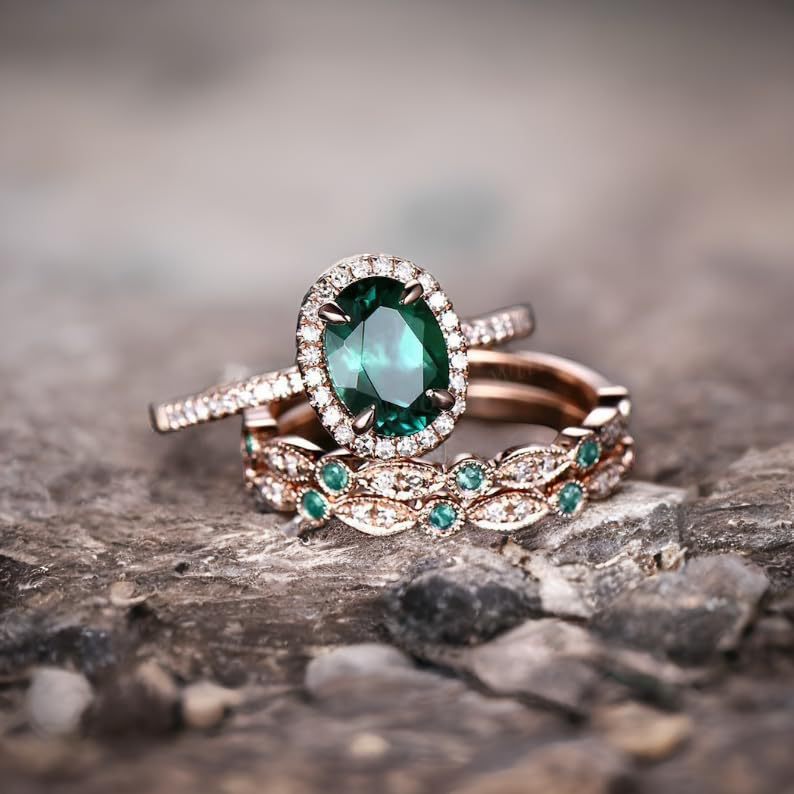 Three-in-One Emerald Laminated Ring Personalized Creative Layered Couple Holiday Gift Jewelry