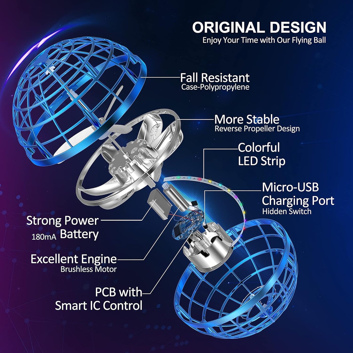 Flying Orb Ball Toy, Hover Ball Boomerang Fly Fidget Spinner, Cool Toys Gifts Hand Mini Drone Cosmic Globe, Indoor Outdoor Toys(Blue)