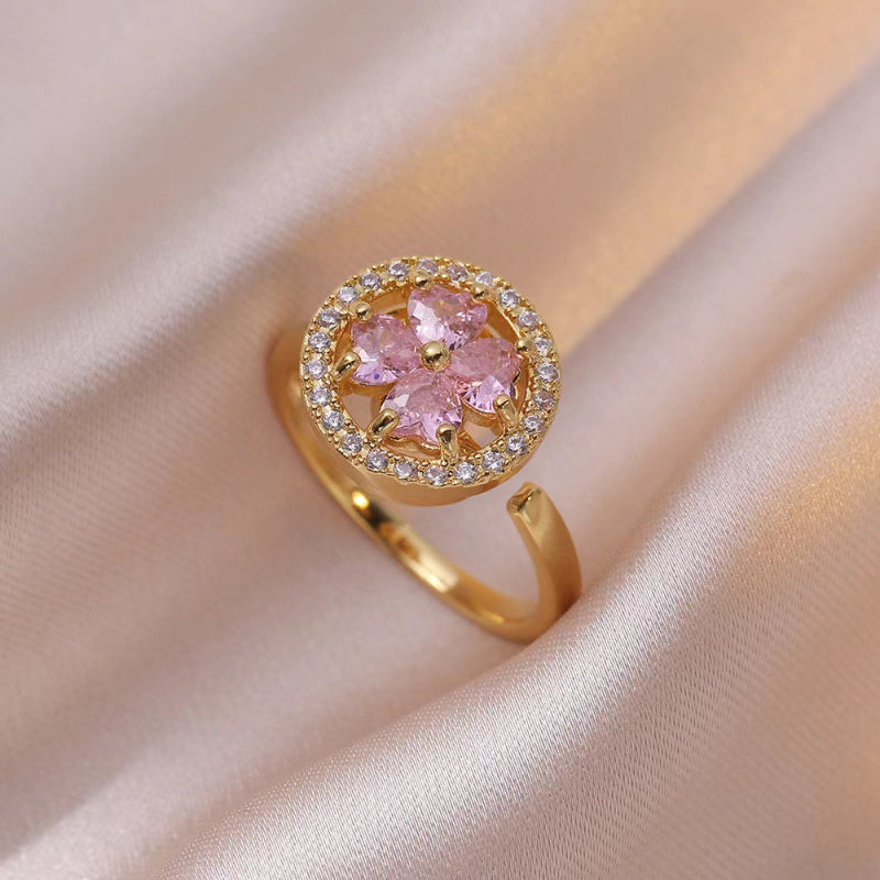 Rotating Ring for Women with Micro Paved Zircon, Elegant and Minimalist Style, Versatile Full Diamond Round Clover Ring Jewelry