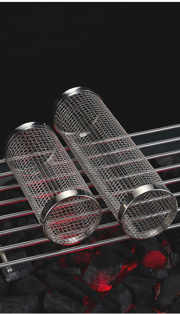 Stainless Steel BBQ Grill Net Tube Outdoor BBQ Cage Rolling BBQ Tube Cylindrical BBQ Net Meat Roasting Cylinder
