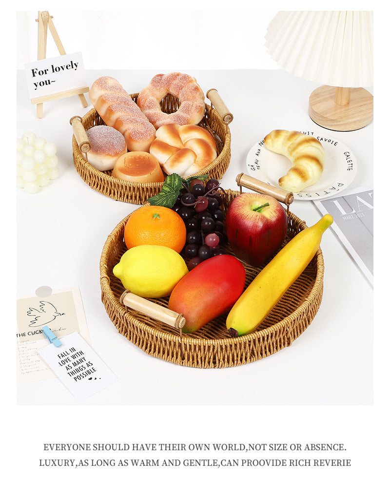 Fruit Plate Hand-Woven Japanese Bread Basket Steamed Bun Basket Living Room Household Storage Basket Rattan Double Ear Tray
