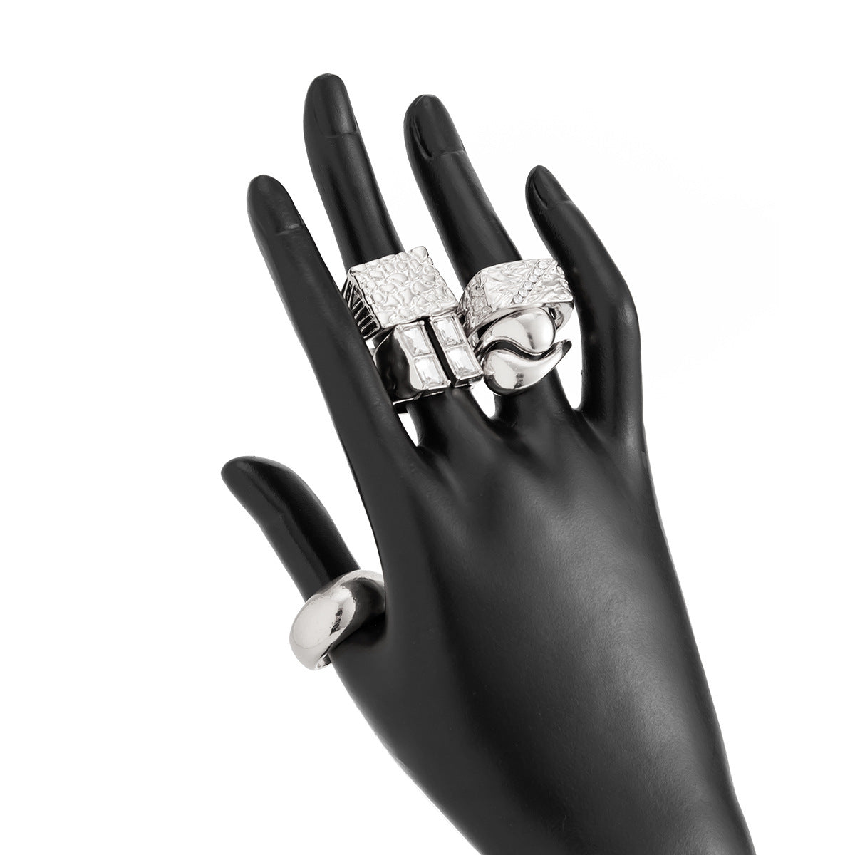 Fashionable Hollow Inlaid Irregular Ring Vintage Alloy Wrinkled Ring Set