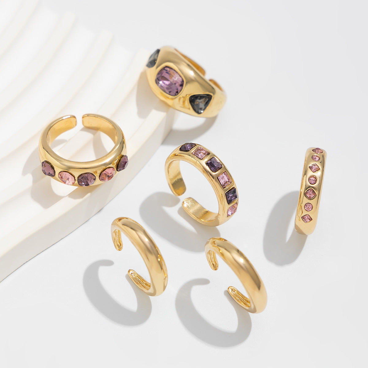 Fashionable Hollow Inlaid Irregular Ring Vintage Alloy Wrinkled Ring Set