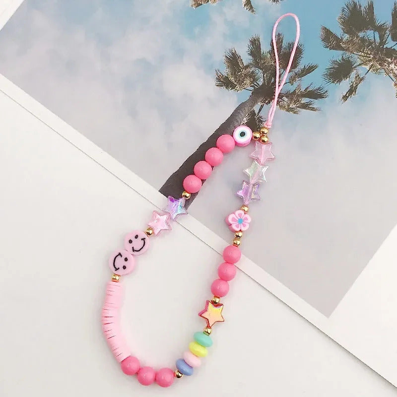 Fashion Charm Pearl Clay Beaded Mobile Phone Chain Acrylic Cartoon Phone Jewelry Women Girls Anti Lost Telephone Lanyard Hanging
