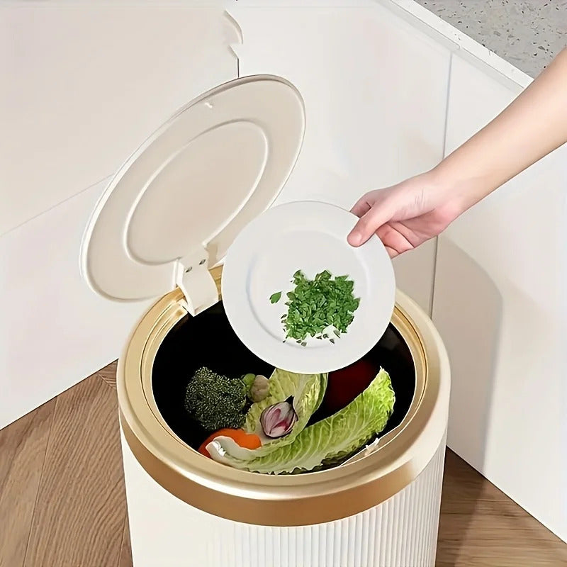 1 fashionable circular top garbage bin with gold edge - durable, stylish storage essential household garbage basket