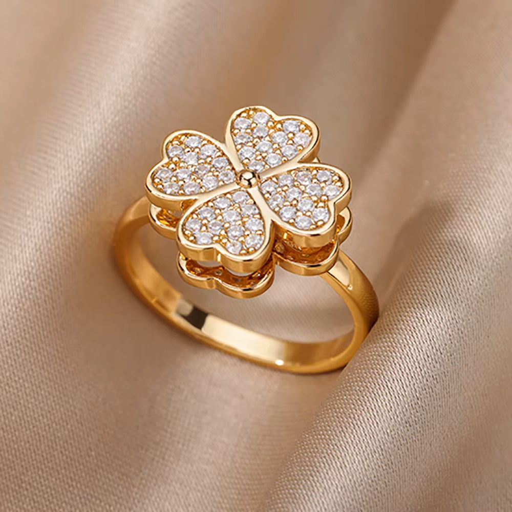 Hot Selling 18K Gold-Plated Full Diamond Titanium Steel Colorfast Open Ring Female Zircon Leaf Ring Female High Sense