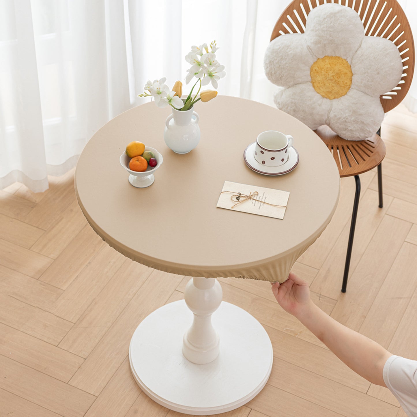 All-inclusive Stretch Household Dining Table Set Leather Non-washable Round Table Set Simple Solid Color Round Leather Cover Dustproof Non-slip