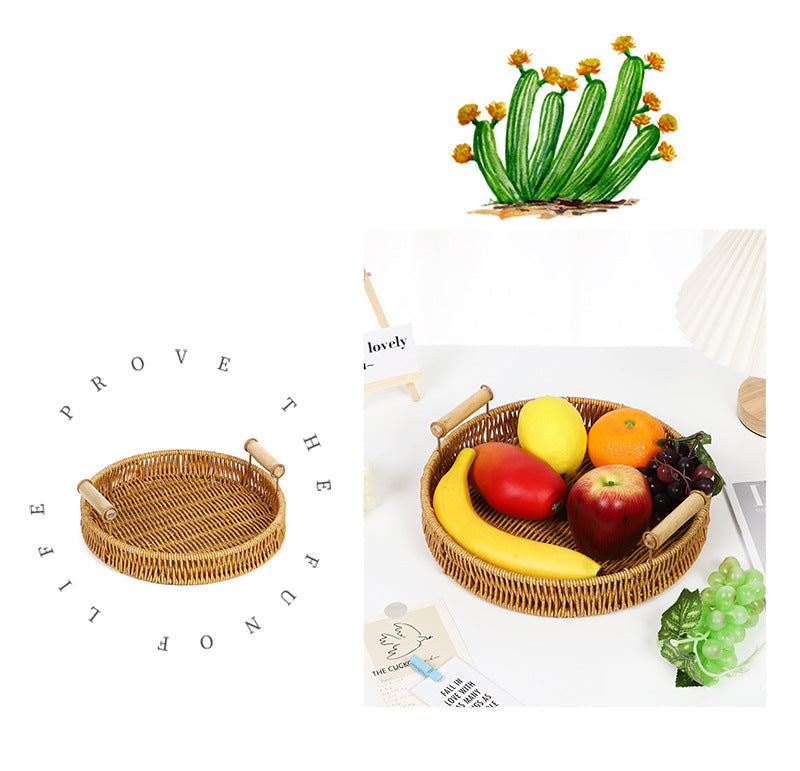 Fruit Plate Hand-Woven Japanese Bread Basket Steamed Bun Basket Living Room Household Storage Basket Rattan Double Ear Tray