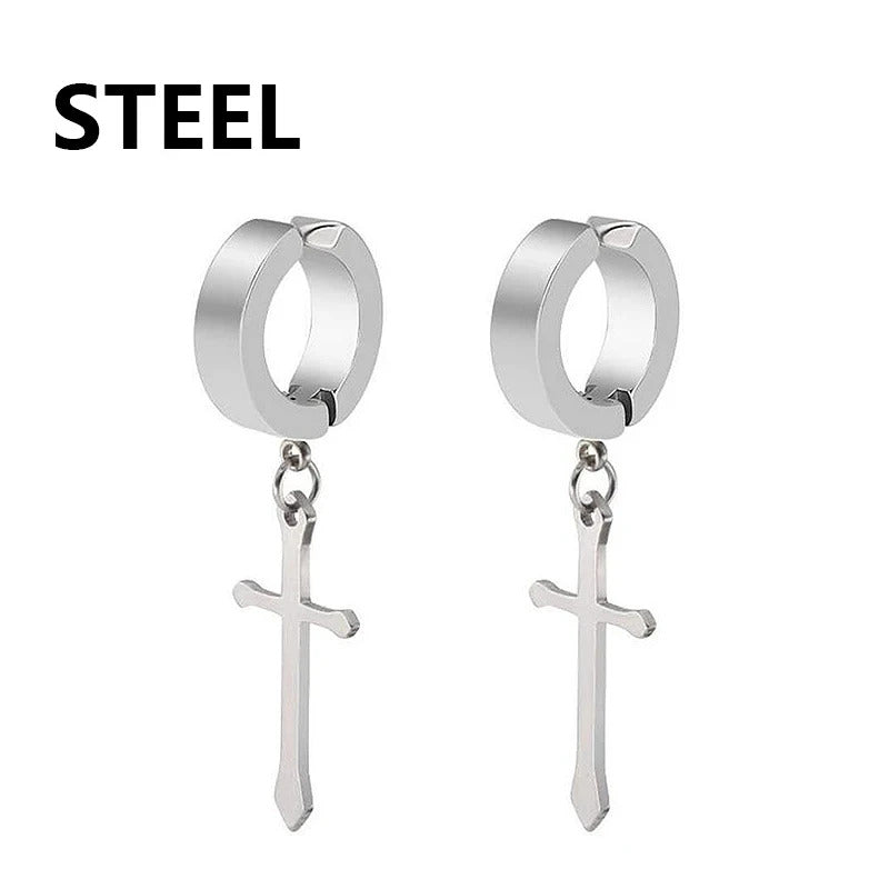 1 Pair Punk Stainless Steel Cross Stars Pendant Ear Clip No Piercing Earrings For Women Hiphop Fashion No ear hole Men Jewelry