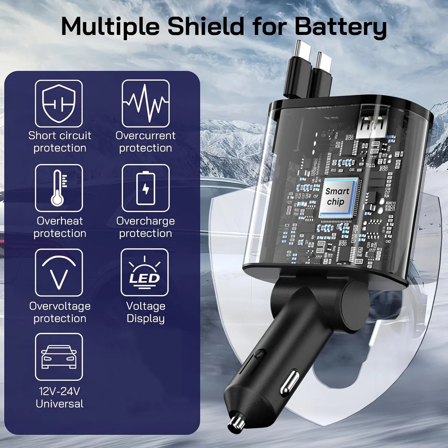120W Car Charger 4 in 1 Retractable Fast Charging Car Phone Charger Cigarette Lighter Adapter USB C Cable for iPhone Xiaomi Poco