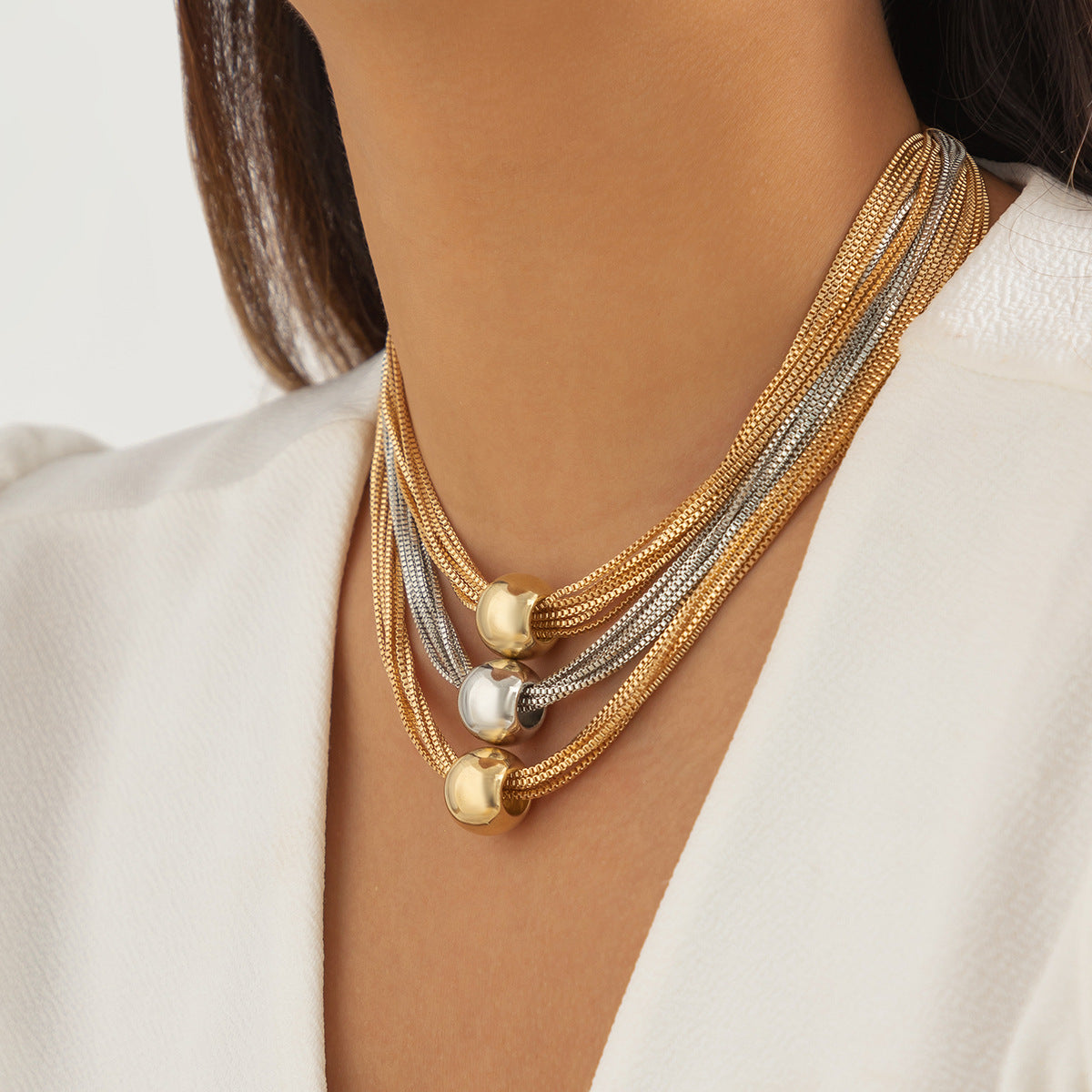 Cross-Border Exaggerated Punk Multi-Layer Chain Stacked Necklace Simple Niche Geometric Ball Personality Choker Necklace