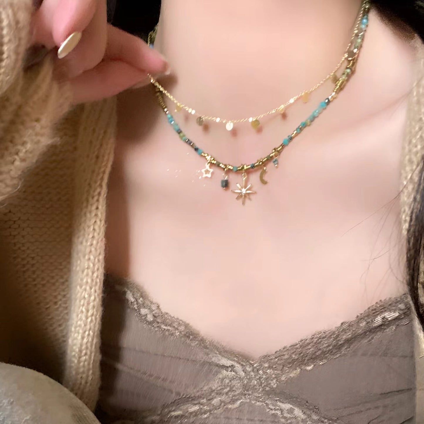 Vintage Mango Star Double Layer Stacked Necklace for Women Creative Niche Light Luxury Personality Versatile Clavicle Chain High-end Accessory Trend