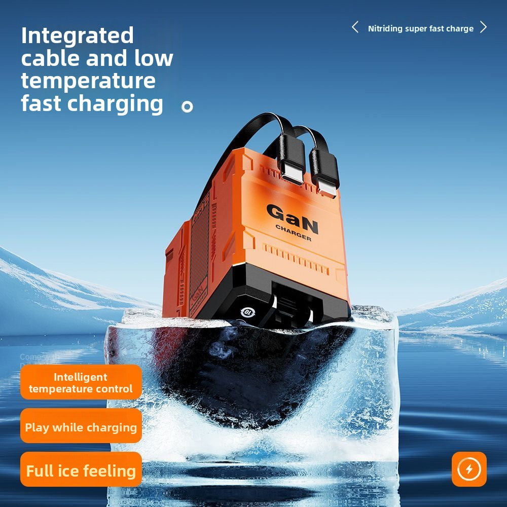 Mecha Style Fully Compatible GaN Fast Charger Compatible with Apple and Android Fast Charging Dual Retractable Cable Charger