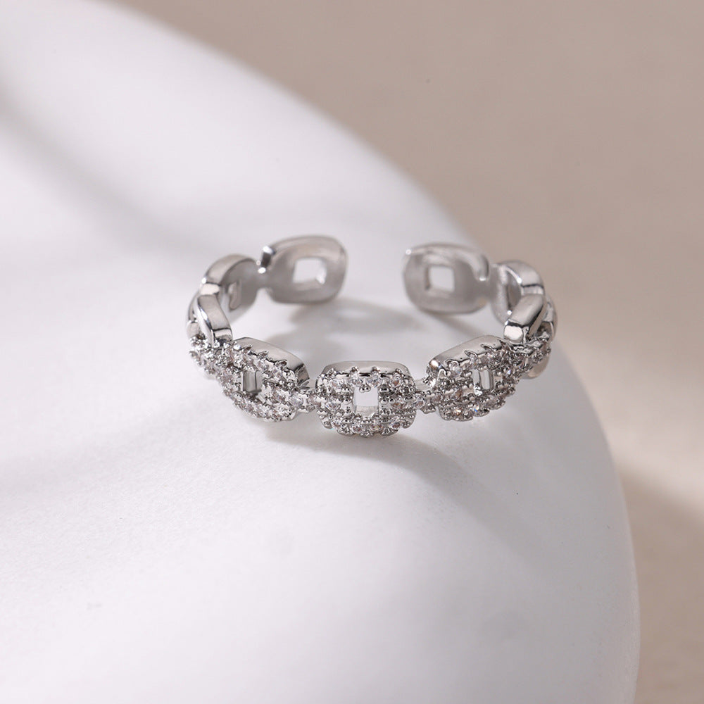 Hot Selling 18K Gold-Plated Full Diamond Titanium Steel Colorfast Open Ring Female Zircon Leaf Ring Female High Sense
