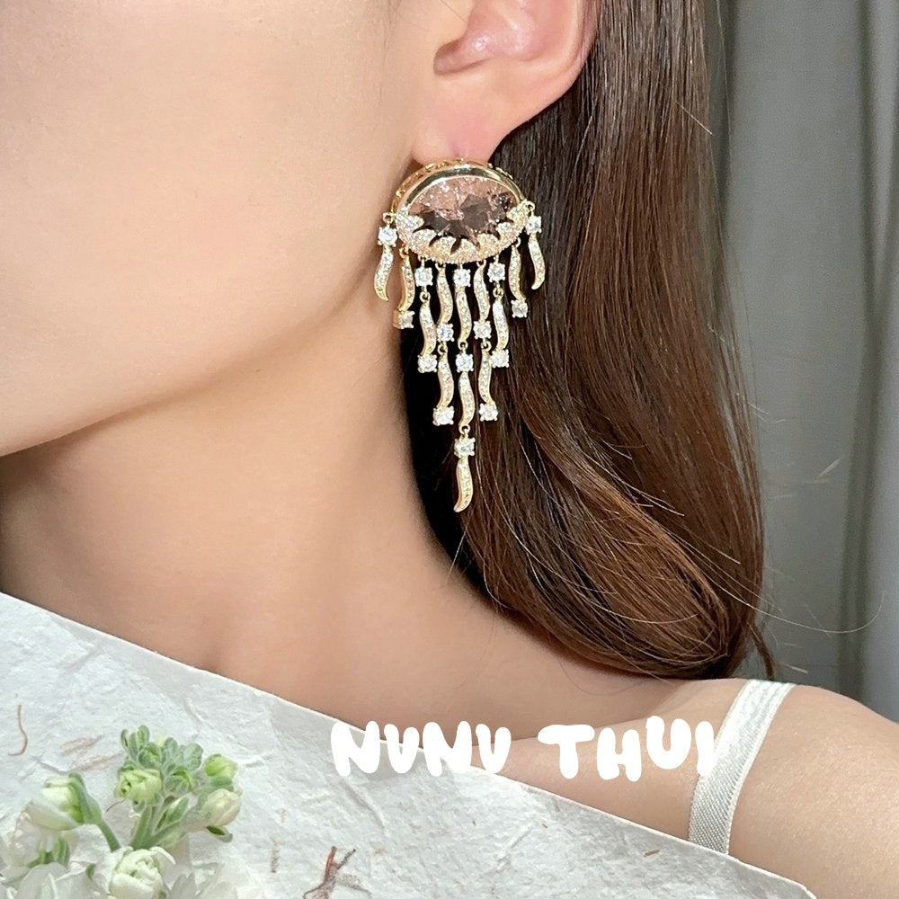 Sparkling PA Pink Cloud Pattern Jellyfish Tassel Gem Earrings Rich Woman's Happy Egg-Shaped Princess Pink Earrings