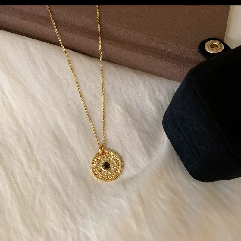 Milad Style Natural Stone Beaded Compass Pendant Layered Necklace for Women, Light Luxury Retro Versatile Choker Collarbone Chain