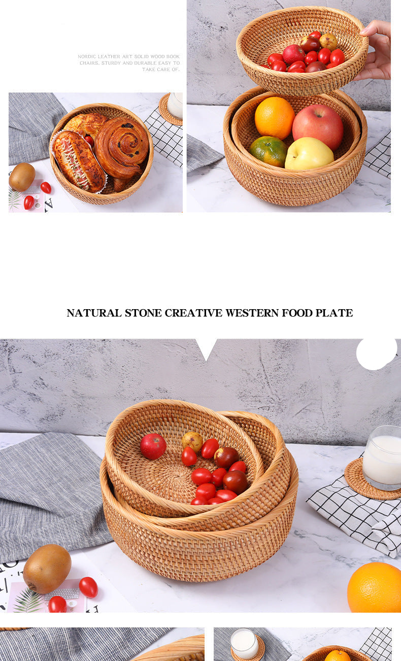 Rattan Handwoven Fruit and Vegetable Basket, Cookie Candy Bread Storage Basket, Living Room Desktop Organizer Storage Basket
