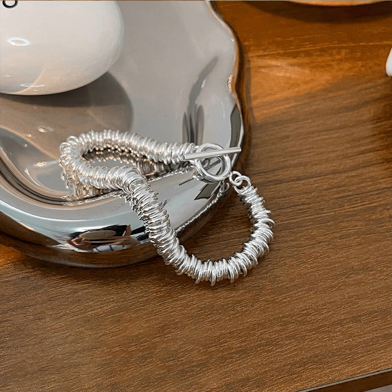 S925 Sterling Silver Heavy Craft Plain Silver Large Circle Bracelet Fashionable Elegant Personality OT Buckle Thick Chain Bracelet