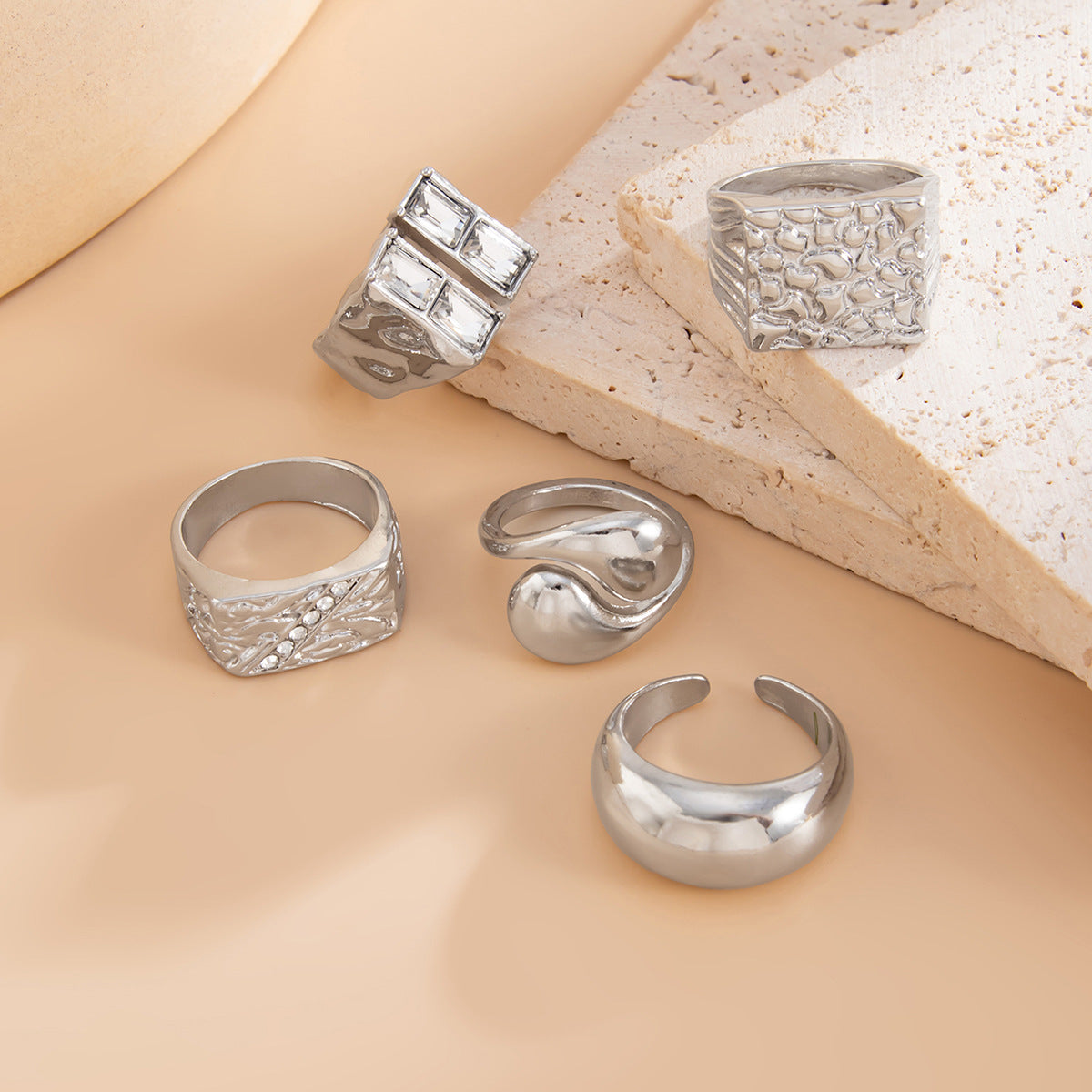 Fashionable Hollow Inlaid Irregular Ring Vintage Alloy Wrinkled Ring Set