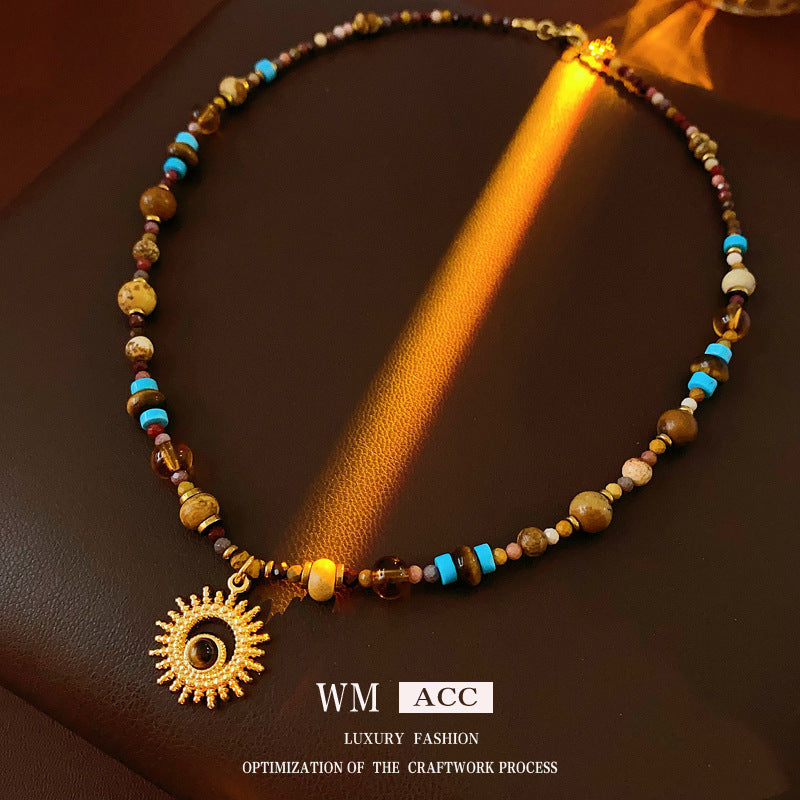 Titanium Steel Natural Stone Rice Bead Sun Necklace Retro Ethnic Style Niche Clavicle Chain Light Luxury High-end Fashion Jewelry