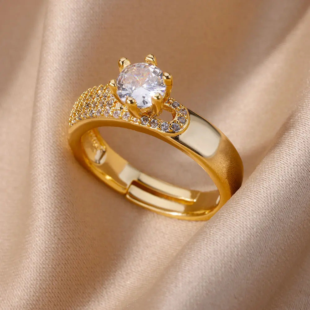 Hot Selling 18K Gold-Plated Full Diamond Titanium Steel Colorfast Open Ring Female Zircon Leaf Ring Female High Sense