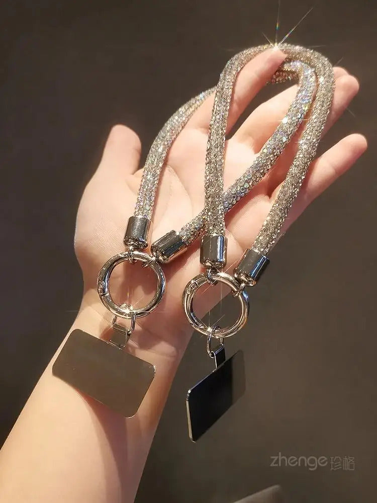 1pc Short Full Diamond Mobile Phone Lanyard Women's Small Fragrant Wind Short Wrist Case Universal Anyard Metal Clip Lanyard