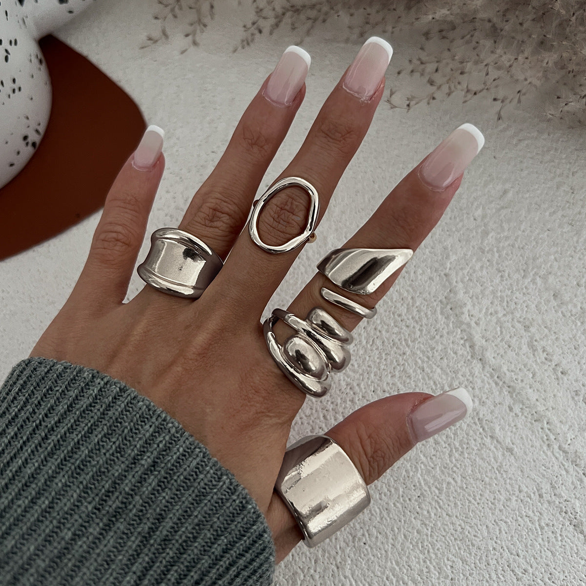 Hand Jewelry Personality Smooth Irregular Geometric Joint Ring Hip Hop Style Women's Ring Set