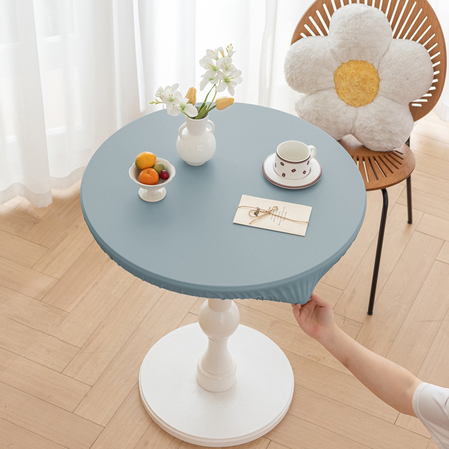 All-inclusive Stretch Household Dining Table Set Leather Non-washable Round Table Set Simple Solid Color Round Leather Cover Dustproof Non-slip