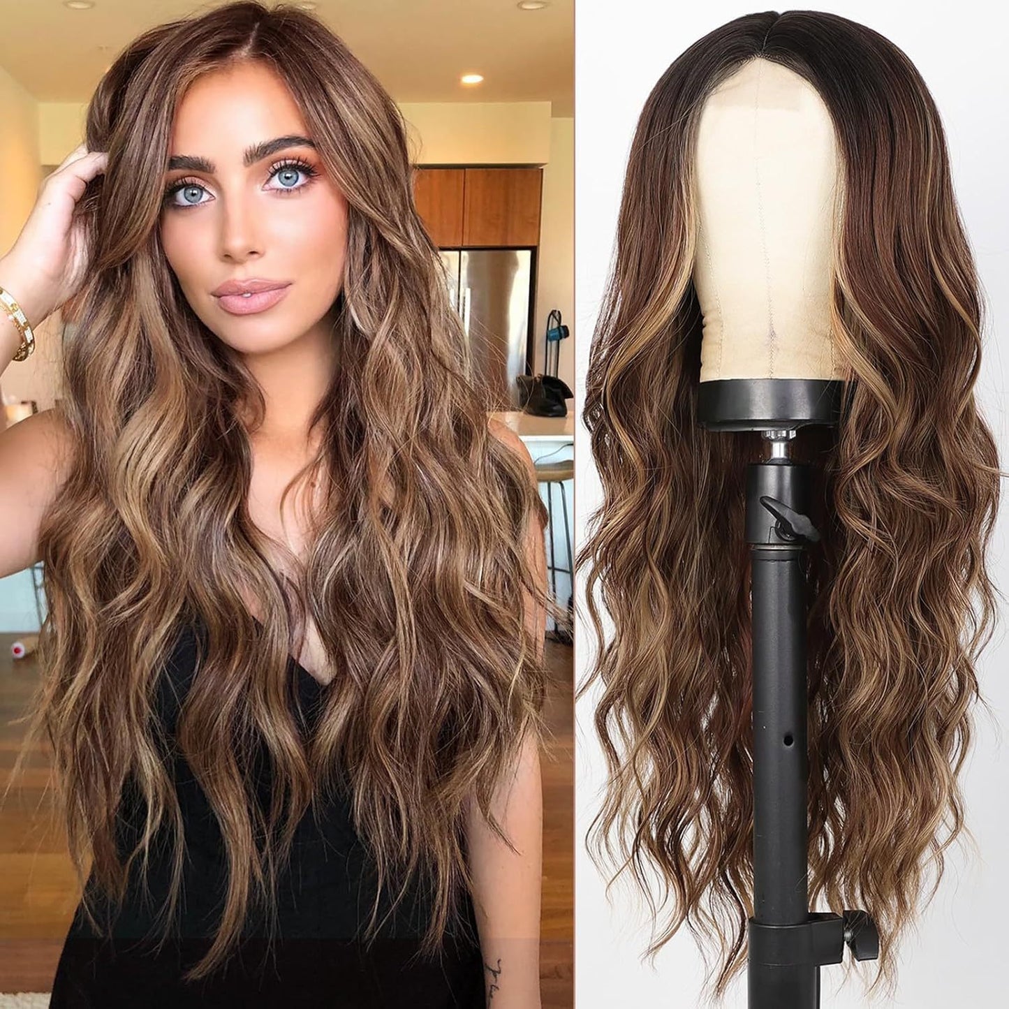 Xuchang European and American Style Wig for Women, Front Lace Wig, Middle Part, Small Lace, Highlighted Long Curly Hair, Synthetic Fiber Wig, Export Wigs