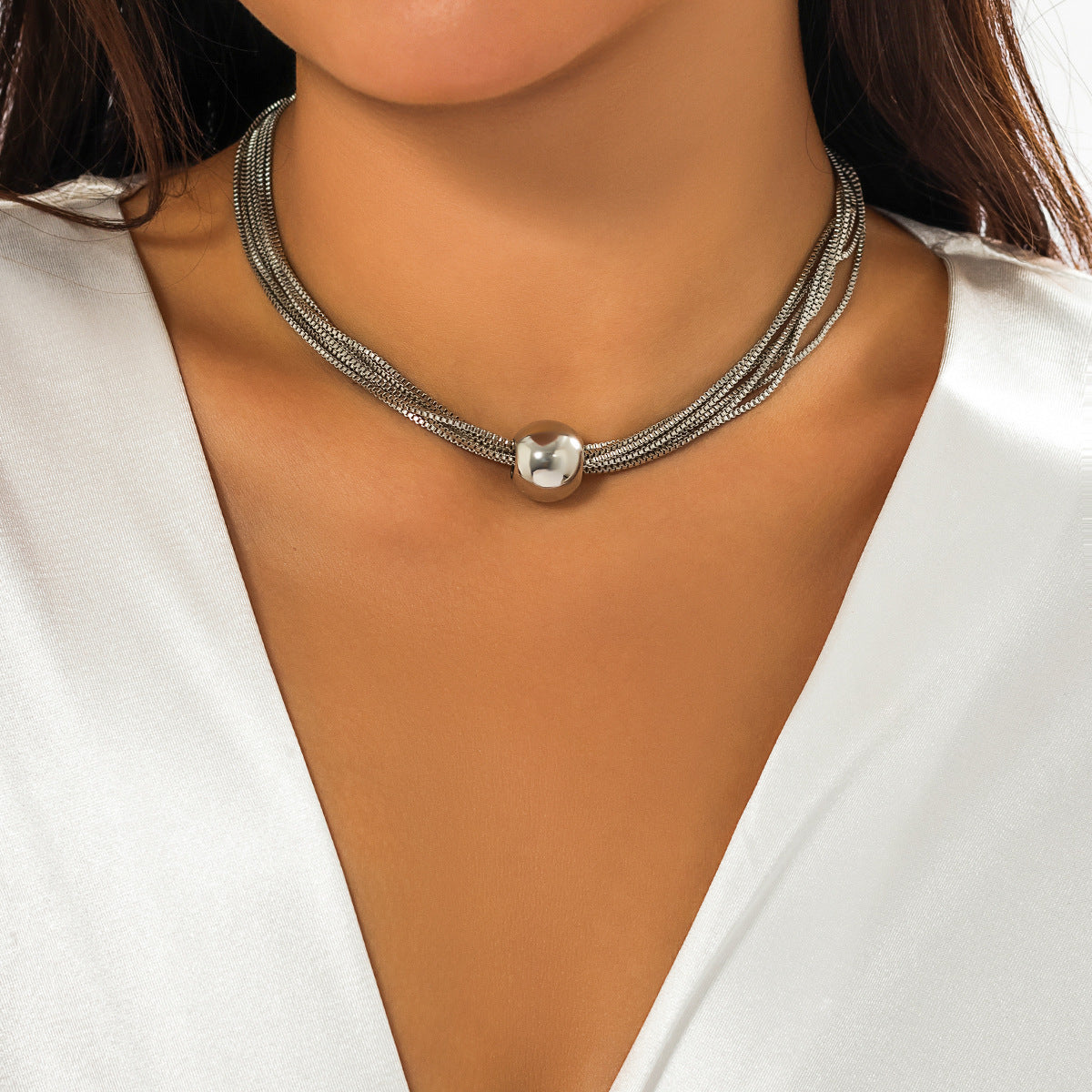 Cross-Border Exaggerated Punk Multi-Layer Chain Stacked Necklace Simple Niche Geometric Ball Personality Choker Necklace
