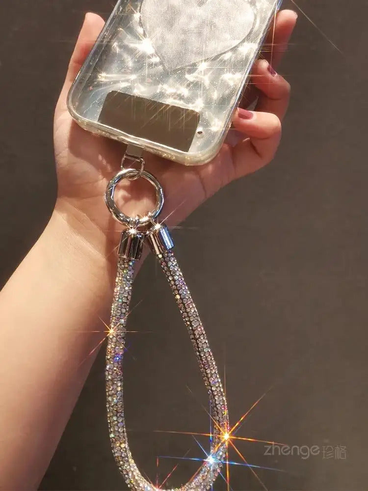 1pc Short Full Diamond Mobile Phone Lanyard Women's Small Fragrant Wind Short Wrist Case Universal Anyard Metal Clip Lanyard