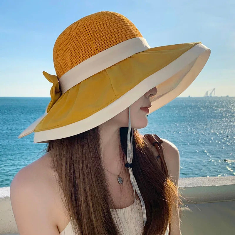 Women Bucket Hats Summer Sun Hat Large Brim Neck Protection Sunshade Hats with Bow Fisherman Caps for Ladies