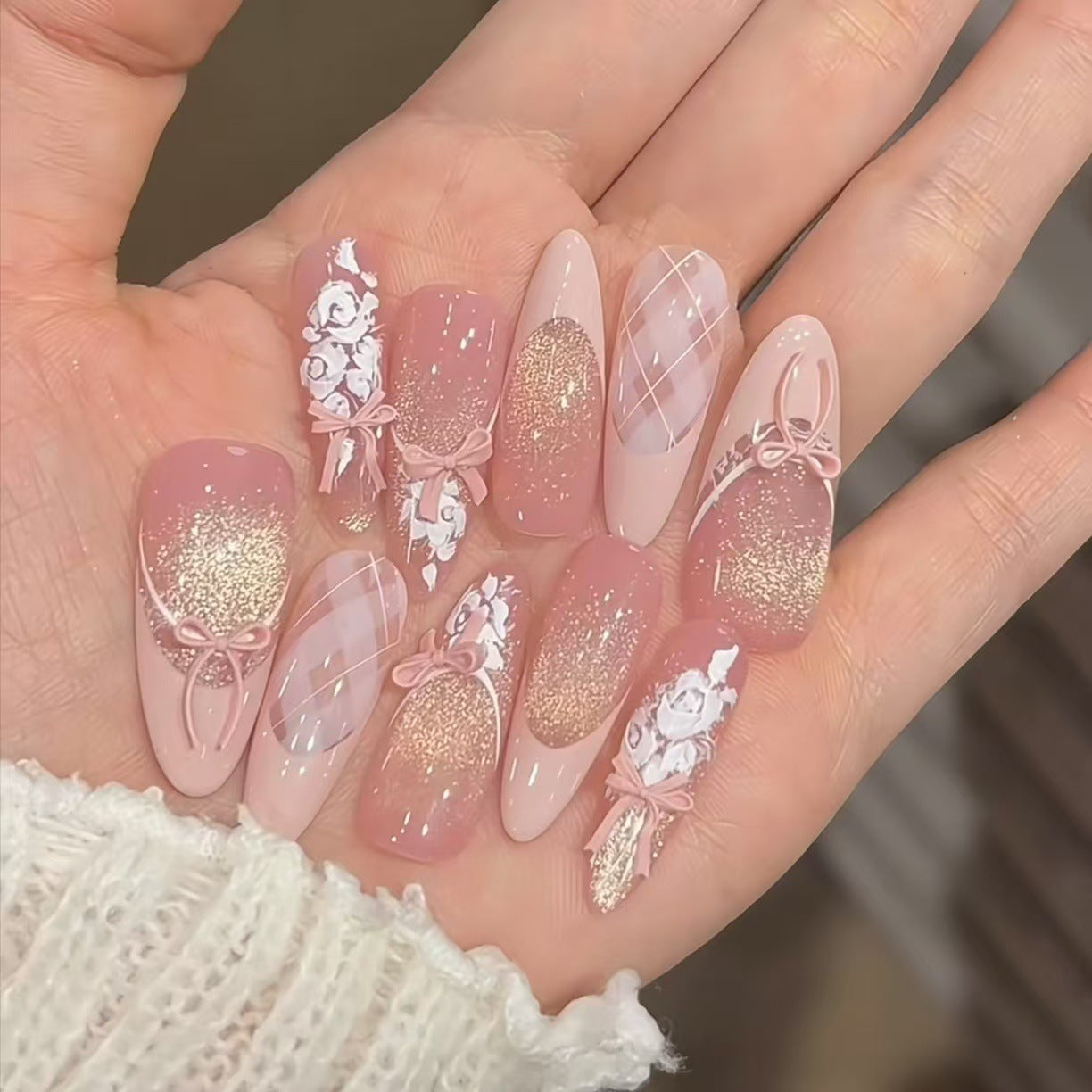 Purely Handmade Wearable Nails Atmosphere Sparkling Cat Eye French Hand-painted Gradient Flower Bedtime Fairy Tale Sweet Girl Nail Art