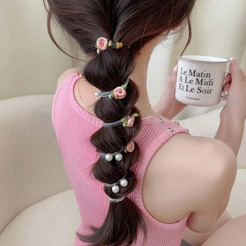 New Rose Flower Telephone Phone Line Hair Rope for Women Girls Elastic Pearl Ponytail Hair Loop Headwear Hair Accessories