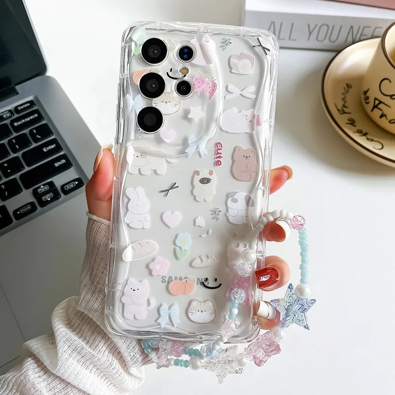 Wrst Chain Phone Case For Samsung S24 S23 S22 S21 S20 FE Plus Ultra A10S 20S 11 02 03 04 05S Cute Cat Lanyard Soft TPU Cover