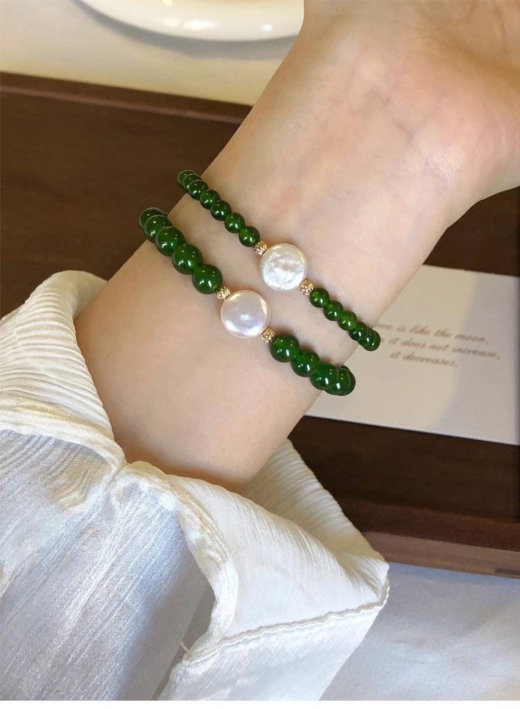 Green Agate Chalcedony Natural Pearl Bracelet Summer Women's High-end Niche New Chinese Style Bracelet Non-fading Jewelry