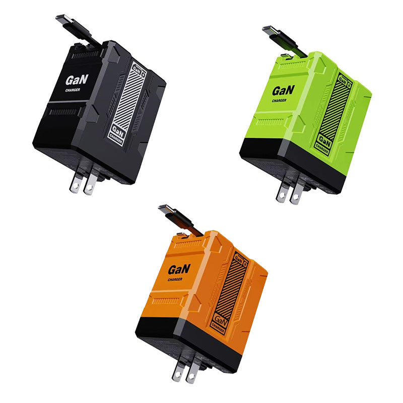 Mecha Style Fully Compatible GaN Fast Charger Compatible with Apple and Android Fast Charging Dual Retractable Cable Charger