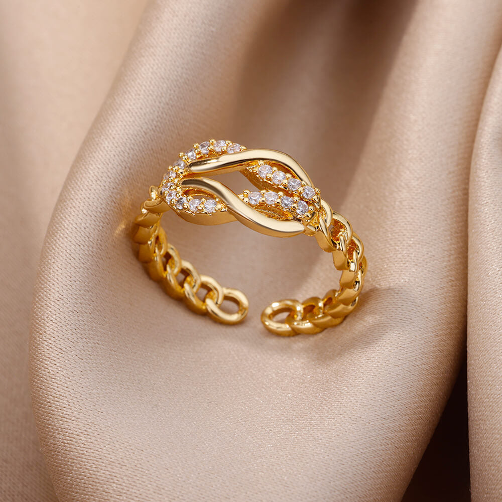 Hot Selling 18K Gold-Plated Full Diamond Titanium Steel Colorfast Open Ring Female Zircon Leaf Ring Female High Sense