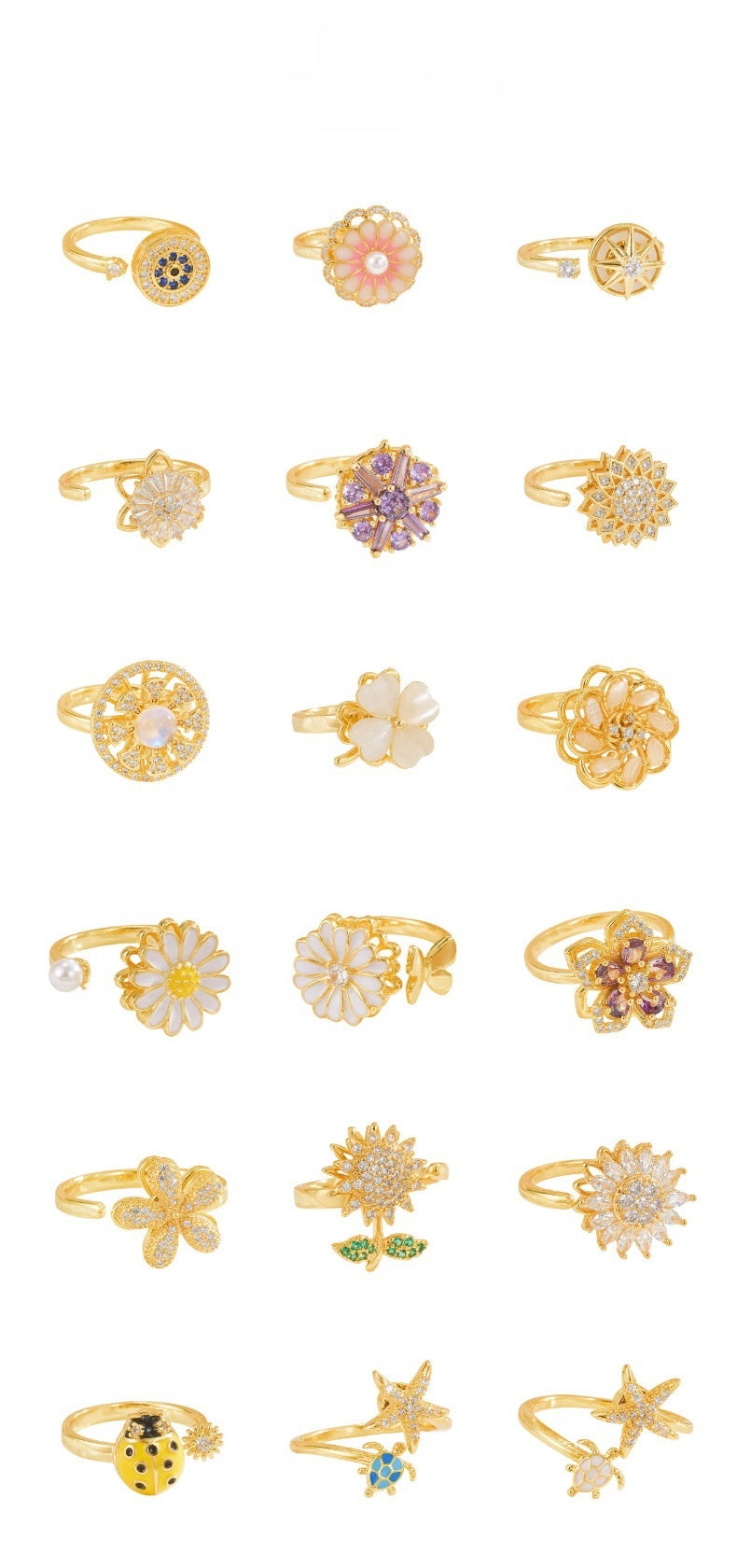 Rotating Ring for Women, Copper Gold Plated, Non-Fading, Elegant and Luxurious, Adjustable Daisy, Star, Moon, Zircon, European and American Cross-Border