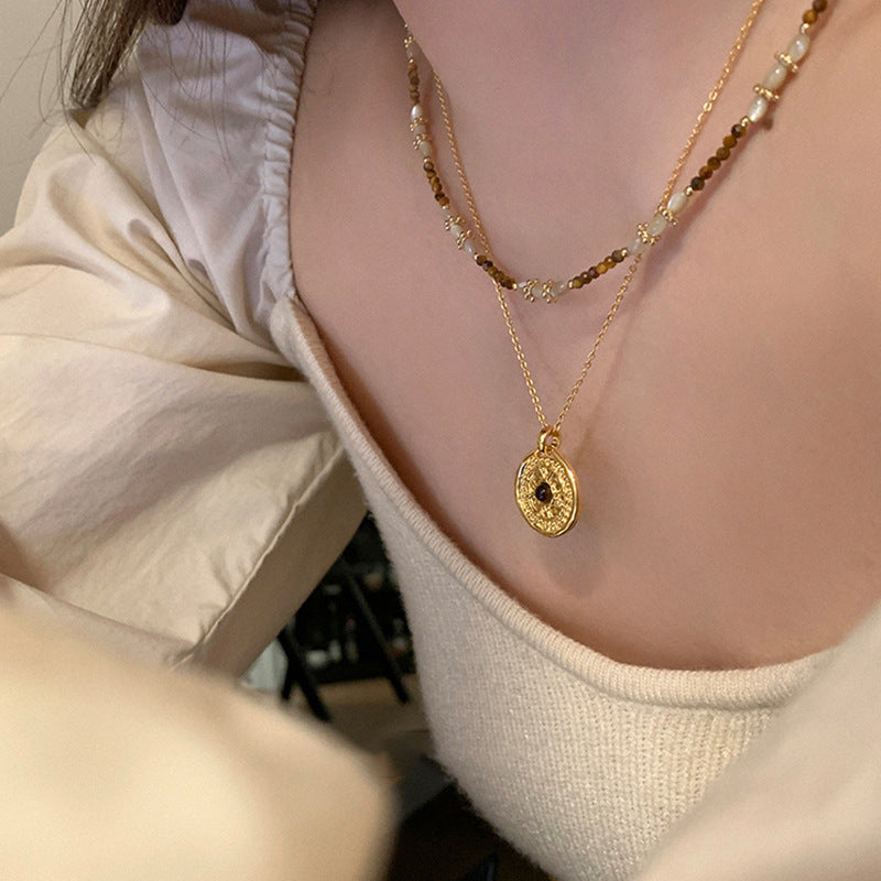 Milad Style Natural Stone Beaded Compass Pendant Layered Necklace for Women, Light Luxury Retro Versatile Choker Collarbone Chain