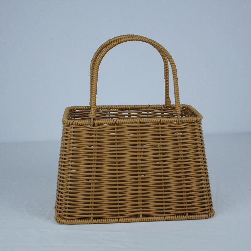 Imitation Rattan Woven Basket Storage Handheld Basket Woven Flower Basket Handmade Gift Storage Bin Organizer Basket Shopping Basket