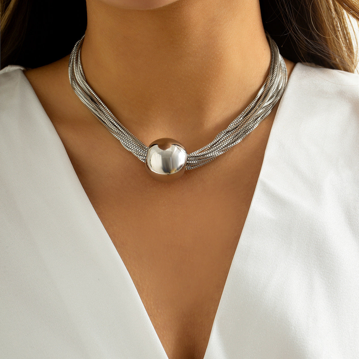Cross-Border Exaggerated Punk Multi-Layer Chain Stacked Necklace Simple Niche Geometric Ball Personality Choker Necklace