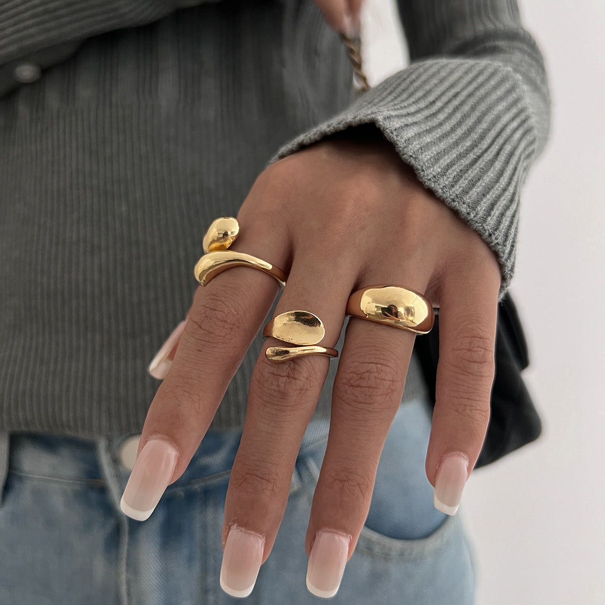 Hand Jewelry Personality Smooth Irregular Geometric Joint Ring Hip Hop Style Women's Ring Set