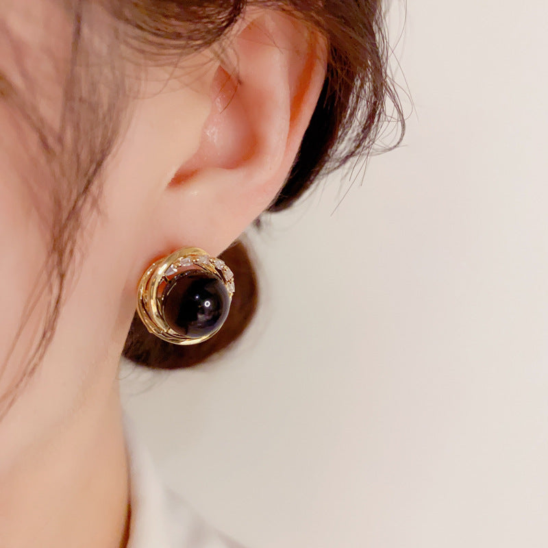 S925 Silver Needle Korean Fashion Simple Diamond-Studded Wrapped Pearl Earrings Exquisite Petite Versatile Socialite Earrings