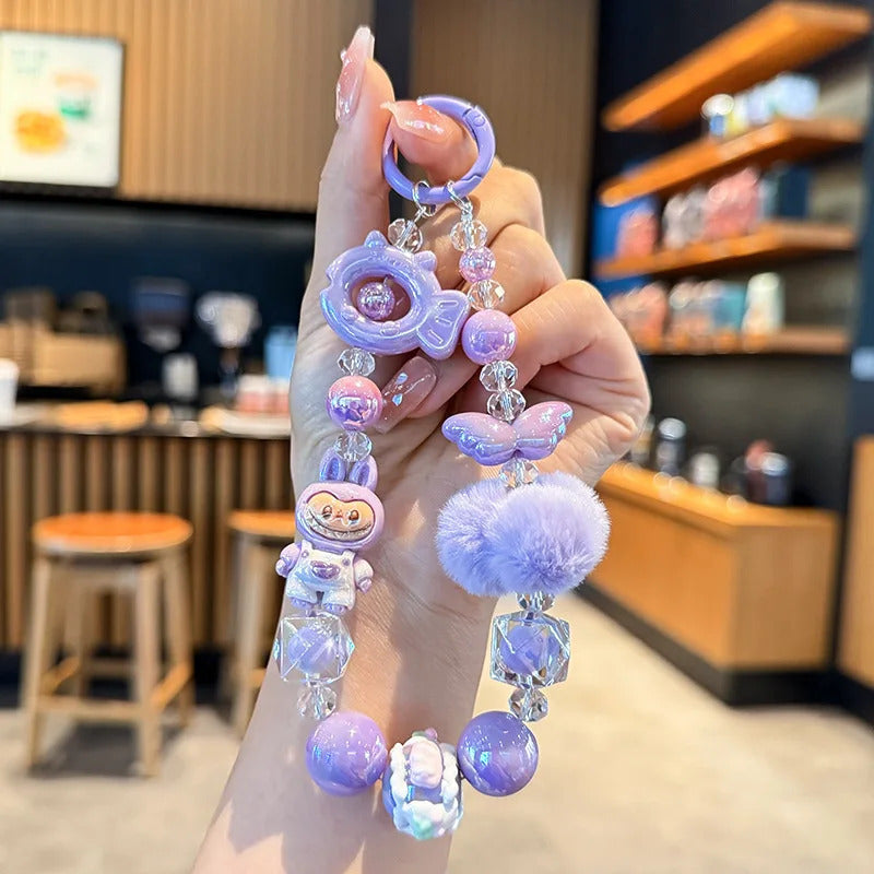 New Labubu wool ball bead Phone Chain Girls Kawaii Cartoon Backpack Pendant Cute Keychain Lanyard Bag Charm Mobile Case Gift
