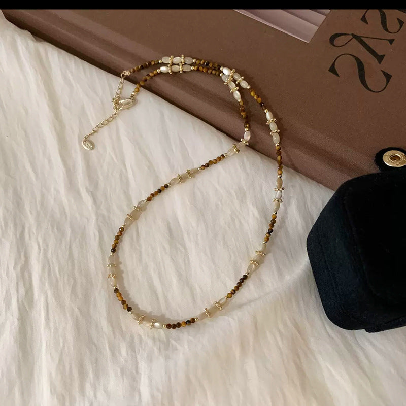 Milad Style Natural Stone Beaded Compass Pendant Layered Necklace for Women, Light Luxury Retro Versatile Choker Collarbone Chain